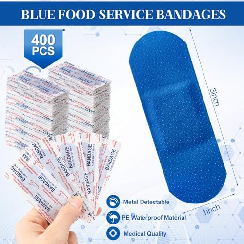 Geiserailie 200 Pcs Blue Bandages 3 ''x 1'' Food Service Metal Detectable PE Waterproof Adhesive Bandages Bulk Sterile Processing Non Stick Pad Latex Free for First Aid & Wound Care Protection