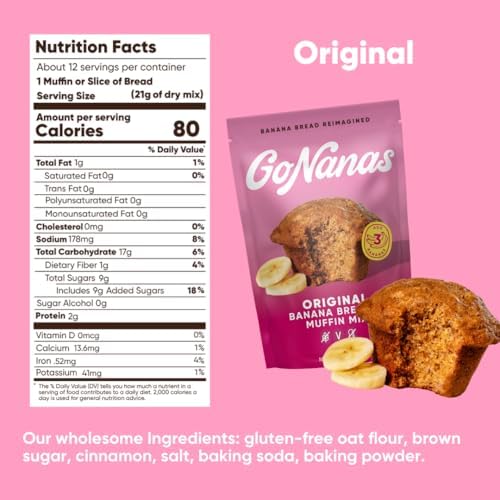 GoNanas Original Oat Flour Banana Bread Mix, Suitable for Plant Based Vegan Diets, Gluten Free Dairy Free Snacks, Healthy Snacks For Adults, Muffin Mix, Nut Free, Cupcakes Dessert, NON-GMO, 1pk