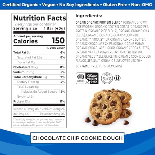 Orgain Organic Vegan Protein Bars Bundle - Chocolate Chip Cookie Dough & Peanut Butter Chocolate Chunk - 10g Plant Based Protein, Gluten Free, Non-GMO - 1.41 Oz (2 Pack of 12)