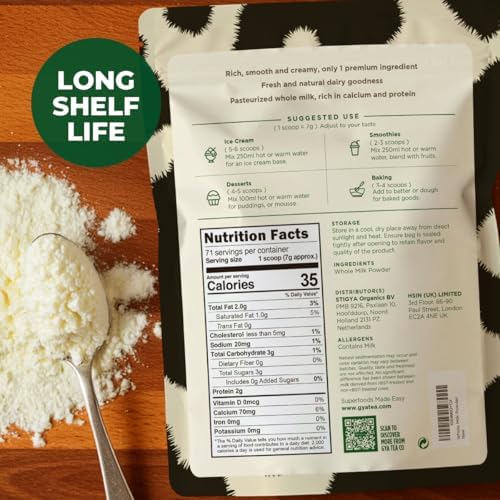 Gya Tea Co Whole Milk Powder 1.1lb (17.64 Oz) - Pasture Raised Source, rBST Hormone Free, Non-GMO - Shelf Stable Premium Grade Powdered Milk for Baking, Cooking, Smoothies - Rich in Protein & Calcium