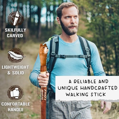 Carved Walking Stick with Animal Head - Lightweight and Strong Wooden Treckking Pole & Cane for Men Women & Seniors - A Hiking Gear Sculpted in Wood