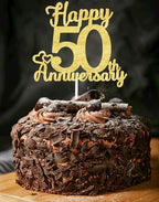 Happy 50th Anniversary Cake Toppers - Golden Double Sided Glitter Fifty, 50 Years Wedding Decorations