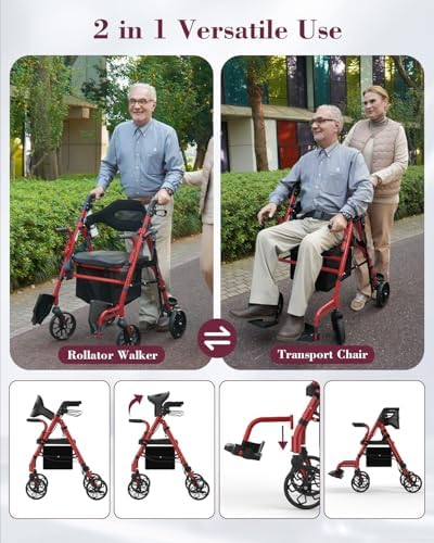 Walkers for Seniors with Seat, Extra Wide 2 in 1 Rollator Walker & Transport Chair with Reversible Backrest & Detachable Footrests, Foldable Wheelchair Combo with 8" Anti-Slip PU Wheels, Red