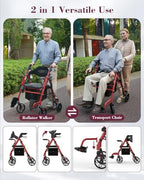 Walkers for Seniors with Seat, Extra Wide 2 in 1 Rollator Walker & Transport Chair with Reversible Backrest & Detachable Footrests, Foldable Wheelchair Combo with 8" Anti-Slip PU Wheels, Red