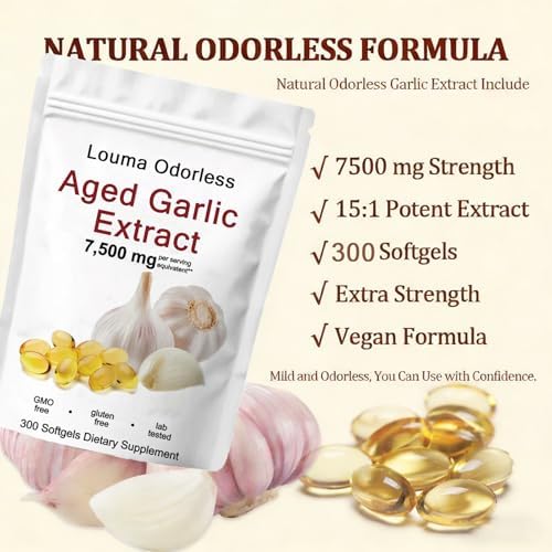 1PCSLouma Odorless Aged Garlic, Aged Garlic Extract - 300 Count 7500mg 24 Month Organic Aged Garlic Supplement- Non-GMO,Vegetarian (1PCS)
