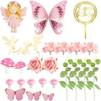 Fairy Cake Toppers Pink Mushroom Flowers Butterfly Cake Decorations for Fairy Spring Garden Birthday Supplies