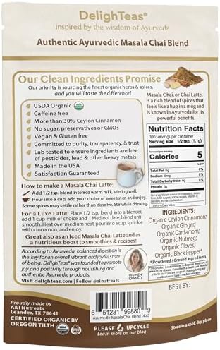 DelighTeas Organic Masala Chai Powder | Caffeine free, Unsweetened, Vegan, Keto | Ayurvedic Digestive Support blend for Chai Spice Tea | 100 Servings, 4oz