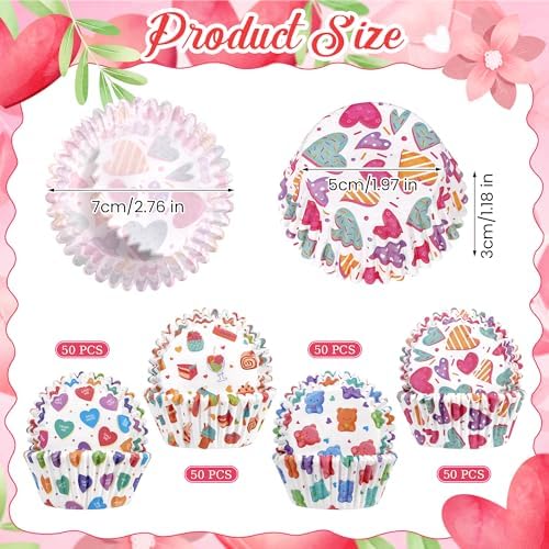 200 Pcs Cute Cupcake Liners, Colorful Heart & Candy Baking Cups, Standard Sweet Love Muffin Liners for Kids Adults Birthday Party, Classroom Treats, Baby Shower