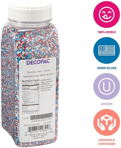 DECOPAC Red, White, And Blue Nonpareils | 30oz | Fancy Cake Sprinkles in Handheld Container, Edible Cake Decorations For July 4th, Independence Day, Celebration Cakes, Cupcakes, Cookies, and Donuts