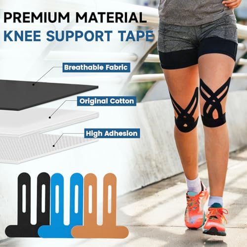 TEAWOO PreCut Kinesiology Tape for Knees, 15PCS Extra Adhesive Athletic Tape for Knee Pain Relief, Waterproof & Hypoallergenic, Latex-Free, Flexible Sports Tape (Black, Beige, Blue)