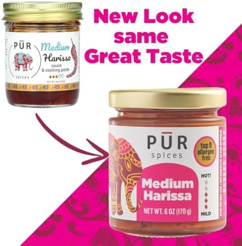 PUR Spices Medium Harissa Paste I Hot Sauce for Cooking and Dipping I Spicy Chili Pepper and Garlic Paste | Middle Eastern Inspired | Plant Based, Gluten Free, No Sugar Added, Preservative and Additive Free I 6oz Jar