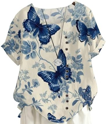 Plus Size T Shirts for Women Floral Print Short Sleeve Cotton Linen Bohemian Workout Crewneck Graphic Casual T Shirts