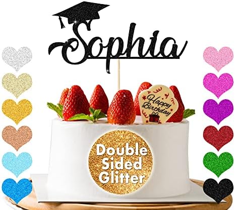 Personalized Cake Topper Custom Congrats Graduation Hat Student Gift for Graduation Finish School Double Sided Glitter Card with Any Name (Black)