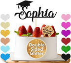 Personalized Cake Topper Custom Congrats Graduation Hat Student Gift for Graduation Finish School Double Sided Glitter Card with Any Name (Black)