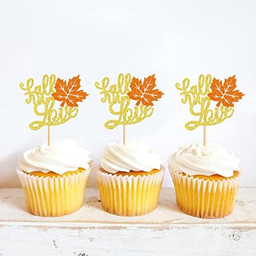 24 Pack Fall in Love Cupcake Toppers Thankgiving Maple Leaves Bridal Shower Cupcake Picks Engagement Wedding Anniversary Birthday Party Cake Decorations Supplies