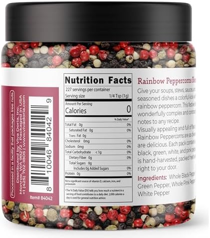 Viva Doria Rainbow Blend Peppercorn, Steam Sterilized Whole Black Pepper, Whole Green Pepper, Whole Pink Pepper, Whole White Pepper, 8 Oz, For Grinder Refills