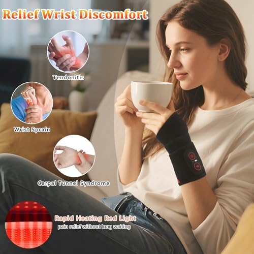 Cordless Wrist Heating Pad, Vibration Massage Heated Wrist Brace, Rechargeable Hand Heating Pad Wrist Wrap for Carpal Tunnel Relief, Left Right Hand Pain Relief for Women Men, 3 Heat Vibration Levels