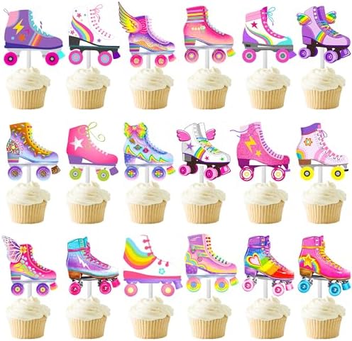 36pcs Roller Skate Cupcake Toppers Roller Skate Birthday Party Decorations Retro Hip Hop Roller Skating Theme Cupcake Picks for 80s 90s Roller Skate Theme Birthday Party Decor Supplies