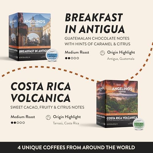 Angelino's Coffee Pods Variety Pack - Reserve Collection Medium & Dark Roast - 96 Count Single Serve K-Cup Compatible Capsules - Includes Costa Rica, Breakfast in Antigua, Mad Professor & Espresso
