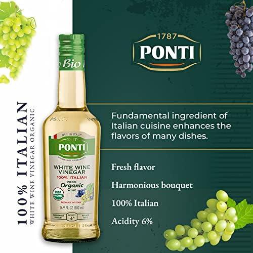 Ponti 100% Italian White Vinegar for Cooking - Organic White Wine Vinegar with Balanced Acidity – Ideal for Salads, Vegetables & Marinades – USDA Certified, 16.9 fl oz