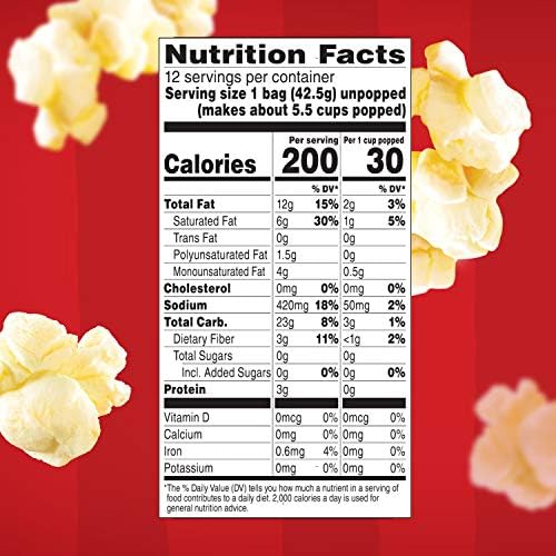 Orville Redenbacher’s Microwave Popcorn Mini Bags, Movie Theater Butter Flavor, 3g Fiber Per Serving, 1.5 oz., 12-Count