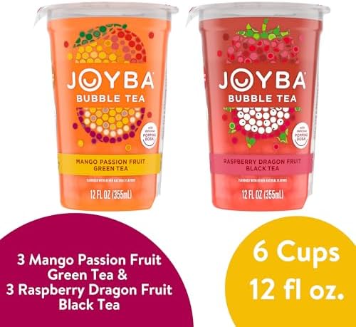 Joyba Bubble Tea Variety Pack, Mango Passion Fruit Green Tea & Raspberry Dragonfruit Black Tea with Popping Boba, 6 Pack, 12 fl. oz. Cups