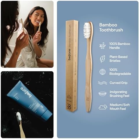 Before | Bamboo Toothbrush | 100% Biodegradable, All Natural Bamboo Handle & Plant-Based Soft Bristles, Recyclable & Compostable Cardboard Packaging, Brush Helps Improve Oral Health