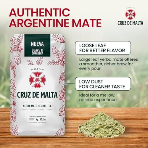 Cruz de Malta Yerba Mate Tea – 1kg (2.2 lbs) Loose Leaf – Traditional Argentine Herbal Tea – Smooth Flavor, Naturally Sourced – USA Specific Packaging – Gluten-Free – Large Leaf Low Dust Yerba Mate