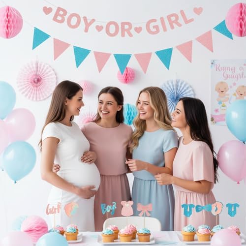 32 Pcs Boy or Girl Gender Reveal Decoration, Glitter Gender Reveal Cupcake Toppers, Onesie Jumpsuit Footprint Bow Tie Cupcakes Picks, Baby Shower Kids Birthday Party Cake Decorations Supplies