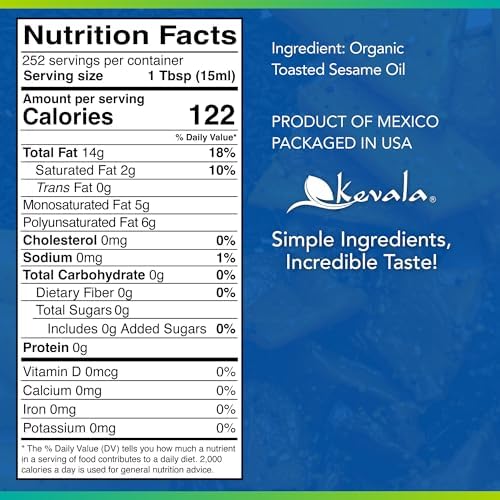 Kevala Organic Toasted Sesame Oil - Oil with Medium Smoke Point Suitable for Light Roasting and Stir-frying, Kitchen Pantry Essential Great for Asian-Style Recipes and Making Sauces, 128 fl oz, 1 gal