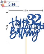 Happy 32nd Birthday Cake Topper - Adult Girl Boy Five Years Old Birthday Cake Supplies - 32nd Bday Party Decorations - Blue Glitter