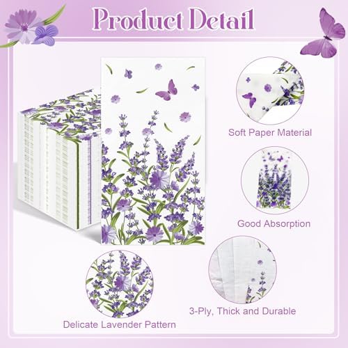IANFEPH 100PCS Lavender Floral Paper Napkins 3 Ply Disposable Hand Towels for Bathroom Spring Purple Lavender Flowers Guest Napkins Decorative Dinner Napkin for Wedding Anniversary Birthday Tea Party
