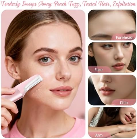 Sonic Dermaplane Razor for Women Face Beauty Eyebrow Trimmer, Exfoliation & Peach Fuzz Facial Hair Removal for Women, Electric Face Razors Shaver Epilator Anti-Aging 3 Speeds & 10 Refill Blades, Pink