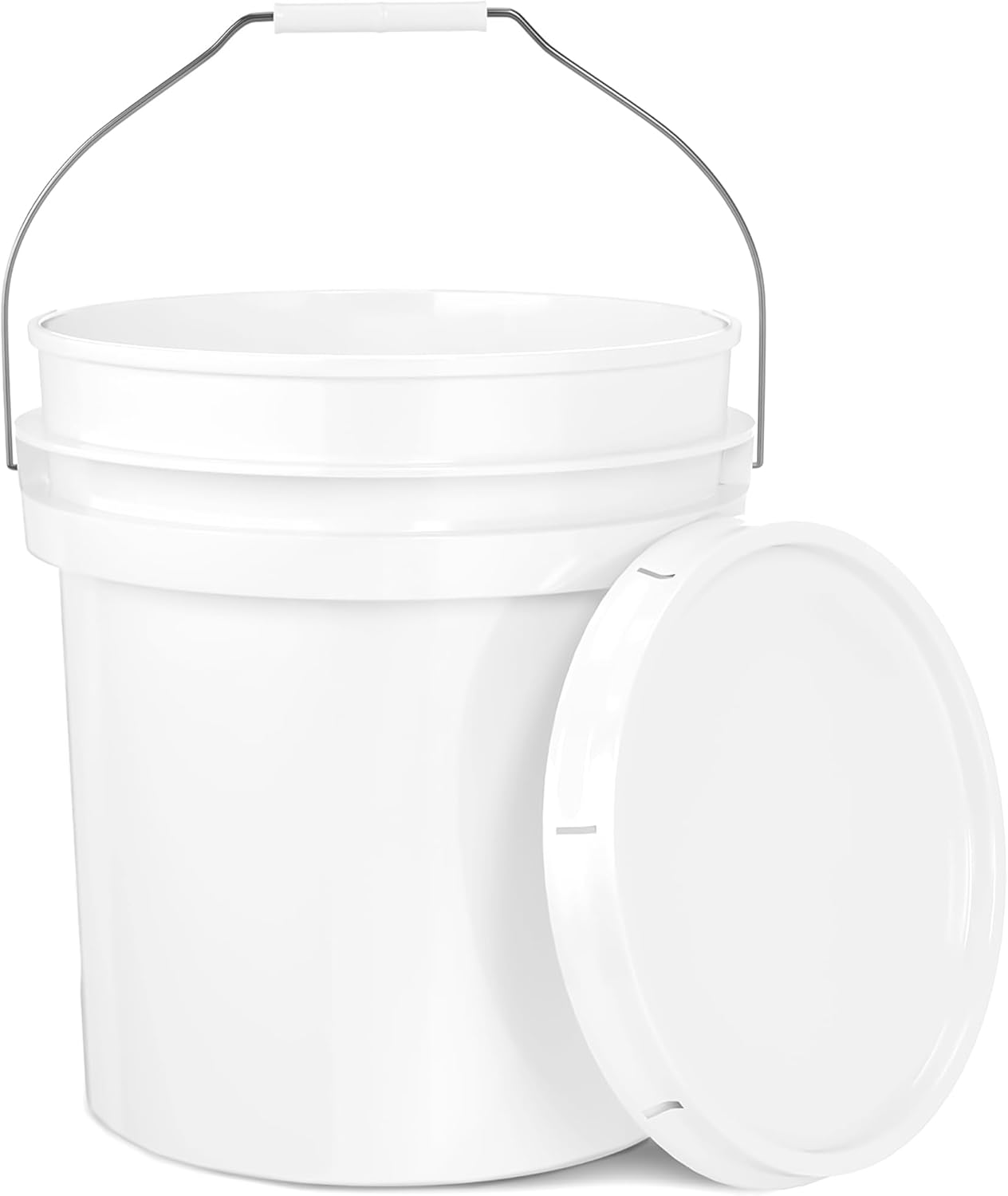 5-Gallon White Bucket Pail Container with Lid | Food Grade | Heavy-Duty Approx 90 MIL Extra Durable | Metal Handles with Plastic Grip | Multi-Use | Easy Stack and Store | BPA Free - 1 Pack