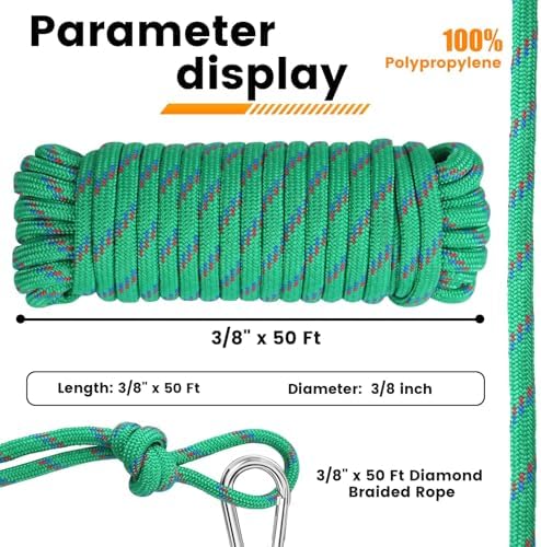 MaxxHaul 3/8-inch x 50 ft Diamond Braided Polypropylene Rope - 500 lb Load Capacity, Weather & UV Resistant Utility Cord - Ideal for Camping and DIY Projects (50227)
