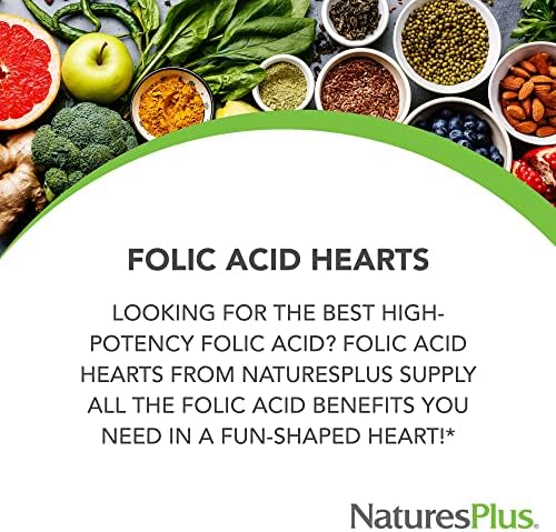 NaturesPlus Folic Acid Hearts - 90 Tablets - Supports Immune & Prenatal Health with Methylfolate & Methylcobalamin - Gluten Free, Vegetarian, Allergen Free - 90 Servings
