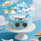 Hooqict 25 Pieces Airplane Cake Topper Decorations with Mini Sunglasses Blue White Cloud Happy Birthday Cake Toppers & Cupcake Toppers for Airplane Themed Party Decorations Supplies