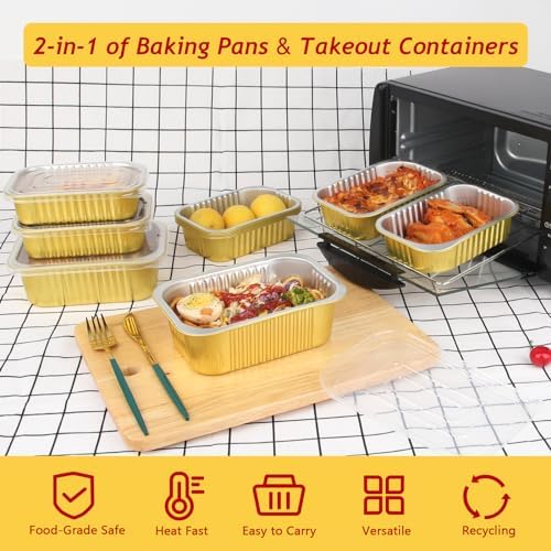 LNYZQUS Aluminum Pans with Lids 50 Pack,Heavy Duty Foil Baking Tins Leftover Containers with PP Covers (30 x 6”x4”+20 x 7”x5”),Disposable Takeout Pans Pots for Meal Prep Cooking Heating Storing