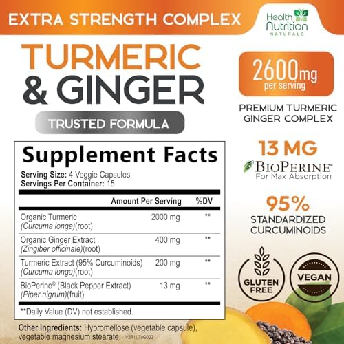 Turmeric Curcumin Supplement - 2000mg Organic Turmeric & 400mg Organic Ginger per Serving - 95% Curcuminoids & BioPerine Black Pepper for Best Absorption & Joint Support, Bottled in USA - 60 Capsules