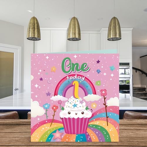 Stuff4 1st Birthday Card Girl - Cupcake Rainbow - Happy Birthday Card for 1 Year Old Girl, Age 1 Girls Cards, 5.7 Inch Bday Greeting