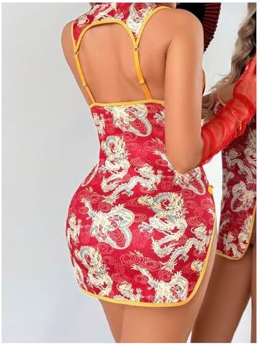 WDIRARA Women's Dragon Print Cut Out Cheongsam Lingerie Dress Slit Open Back Qipao Costume Outfits