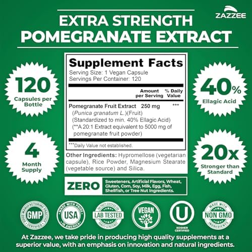 Zazzee Extra Strength Pomegranate 20:1 Extract, 40% Ellagic Acid, 120 Vegan Capsules, 4 Month Supply, Punica Granatum, Antioxidant & Cellular Health Support, Non-GMO, Made in the USA
