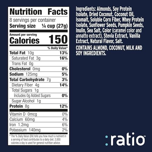Ratio Trio Coconut Almond Granola Cereal, 1g Sugar, Keto Friendly, 8 oz Resealable Bag