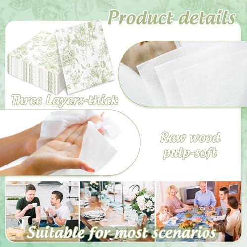 JarThenaAMCS Green Flower Paper Napkins Floral Disposable Napkins Wildflower Square Luncheon Dinner Napkins for Party Supplies Table Decor, 50Pcs