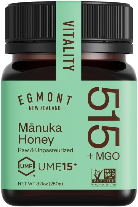 EGMONT HONEY Manuka Honey MGO 515+ UMF 15+ – NON-GMO, Kosher, Recycled plastic jar, Traceable 100% Pure Authentic New Zealand Honey 8.8oz (250g)