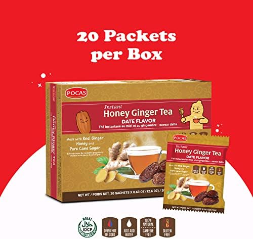 Pocas Honey Ginger Instant Tea Powder, Date Flavor 2-Pack, Ginger Extract & Real Honey, Caffeine-Free Tea, 20 Packets per Box