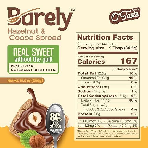 Hazelnut & Cocoa Spread by Barely, Low Sugar & No Artificial Sweeteners, Vegan, Keto Friendly, Delicious Chocolate Spread & Dessert Dip – High in Fiber with just 3.2 g Cane Sugar per Serving (2-Pack)