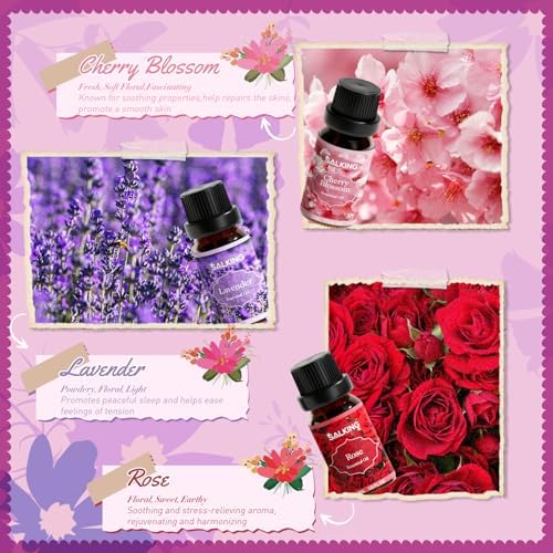 SALKING Floral Essential Oils Set, Premium Pure and Natural Essential Oils, Fragrance Oil Scented Oils for Oil Diffusers 6 x 10 ML - Lavender, Rose, Jasmine, Cherry Blossom, Gardenia, Chamomile