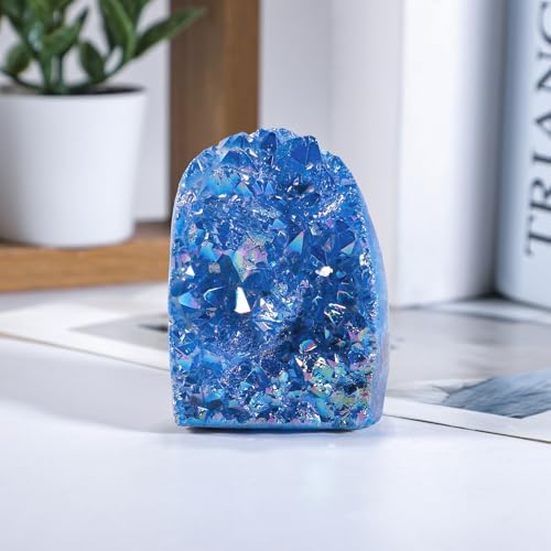 mookaitedecor Angel Aura Quartz Geode Crystal Cluster Specimen, Titanium Coated Rock Crystal Stone Mineral for Home Decor & Collector's Gift 0.44-0.66 LB, Blue