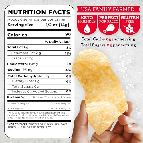 4505 Sea Salt Seasoned Chicharrones, Fried Pork Rinds - Sea Salt Flavored Pork Skins - Low Carb, Gluten-Free, Protein Snack - 3oz (Pack of 12)